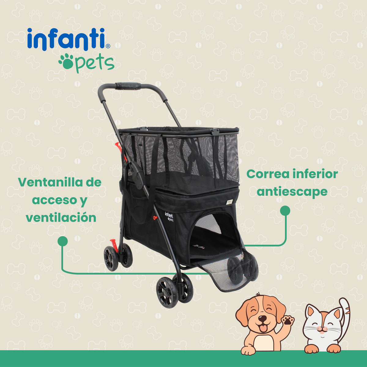 Carriola Transportadora 2 En 1 Para Mascotas Con Ventilación