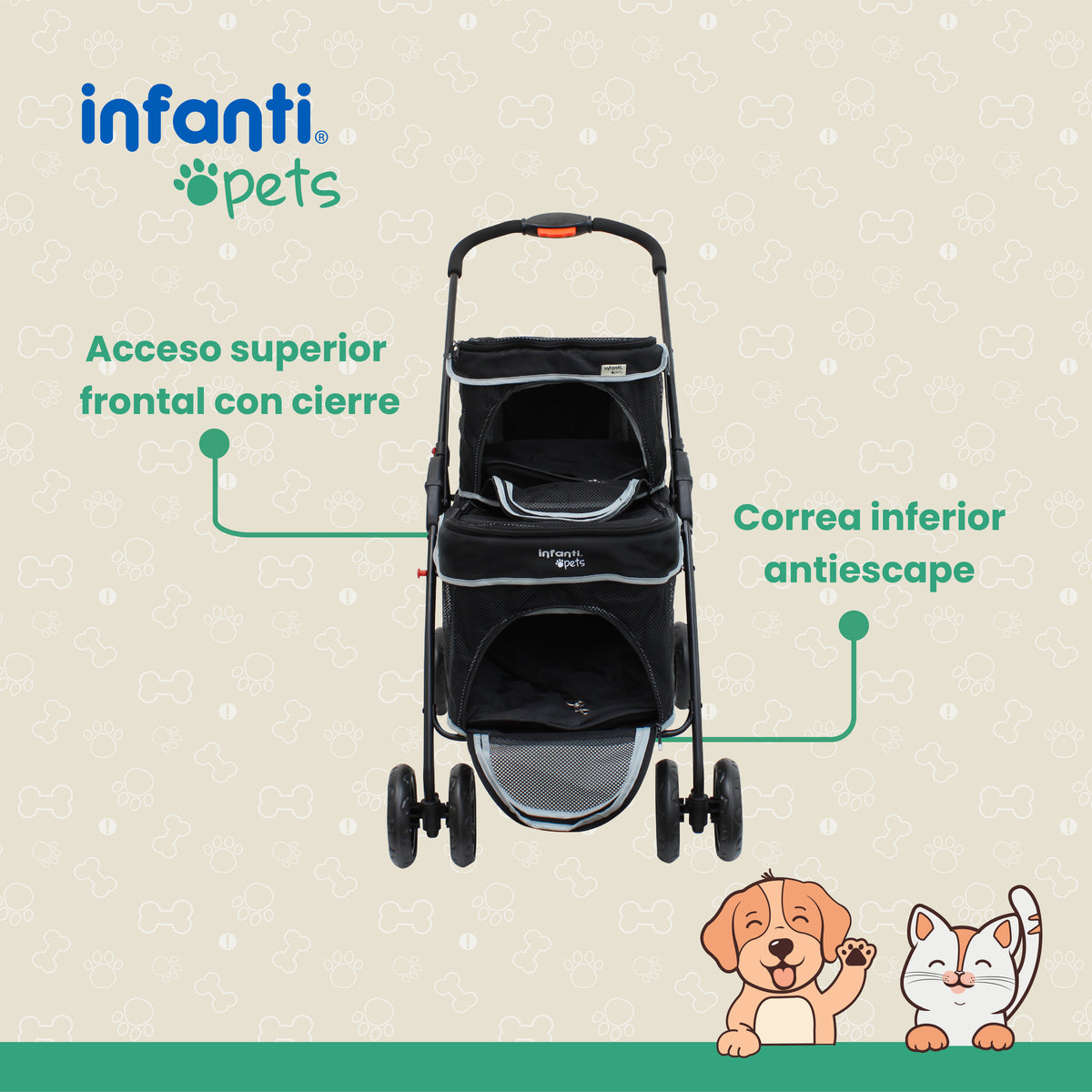 Carriola Transportadora Doble Para Mascotas Con Ventilación