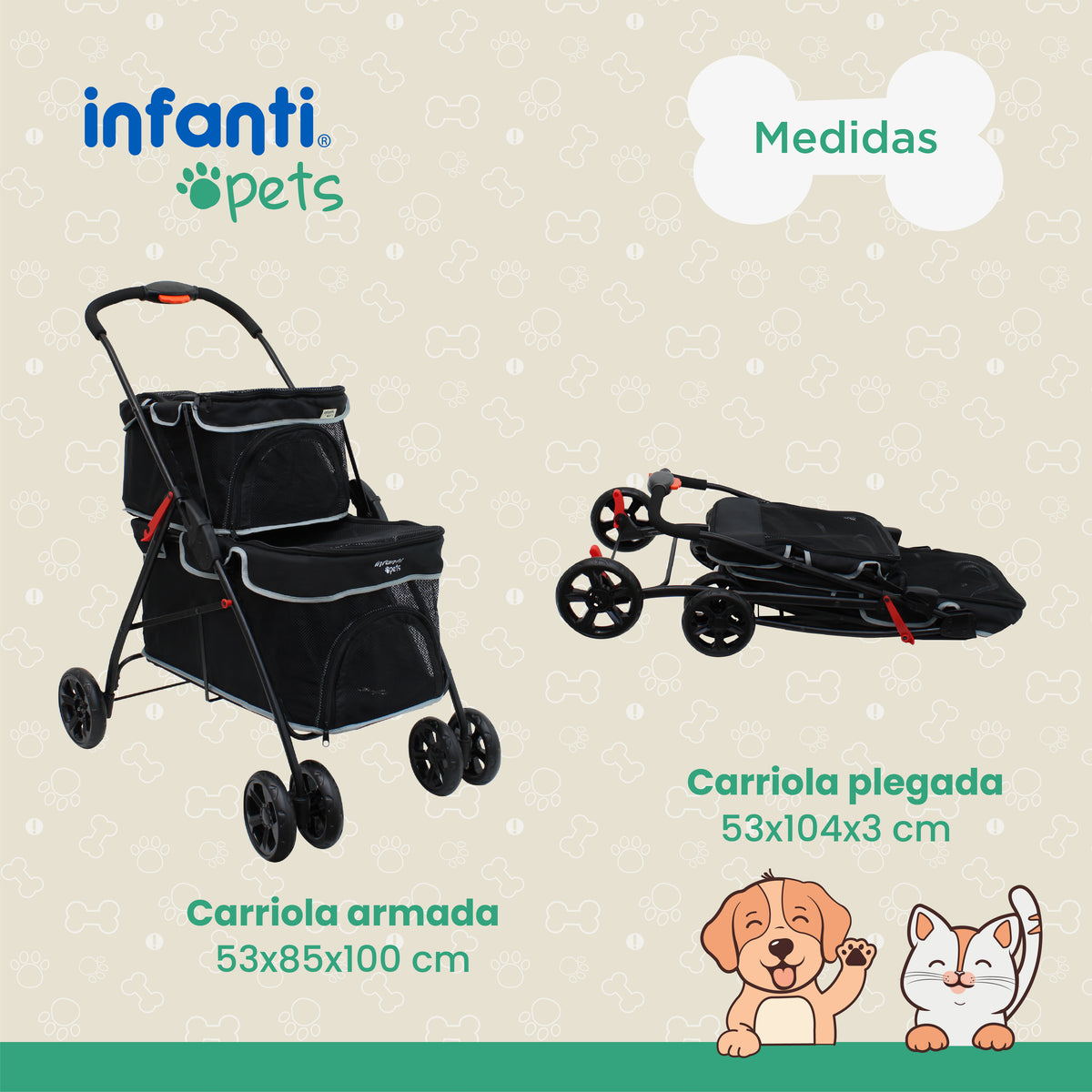 Carriola Transportadora Doble Para Mascotas Con Ventilación